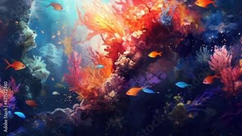 Underwater scene with coral reef, fishes and seaweed. © vlntn