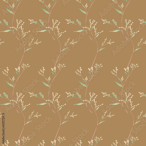 Seamless pattern of watercolor garden flowers on a colored background. Daisies, clematis flowers and small garden greens.