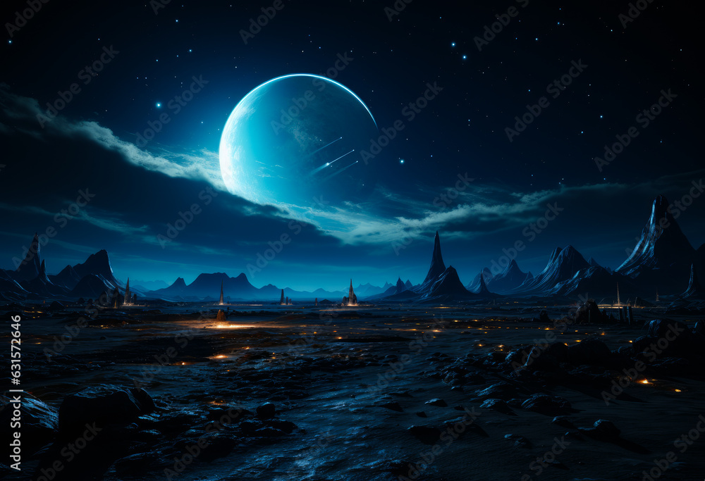 Night landscapes with big moon. Dark outdoor beautiful moonlight. Generative AI.