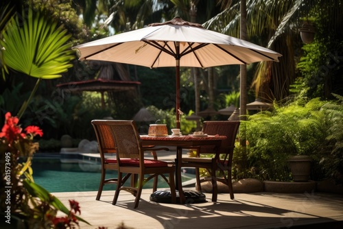 Cafe table with chair and parasol umbrella in the garden