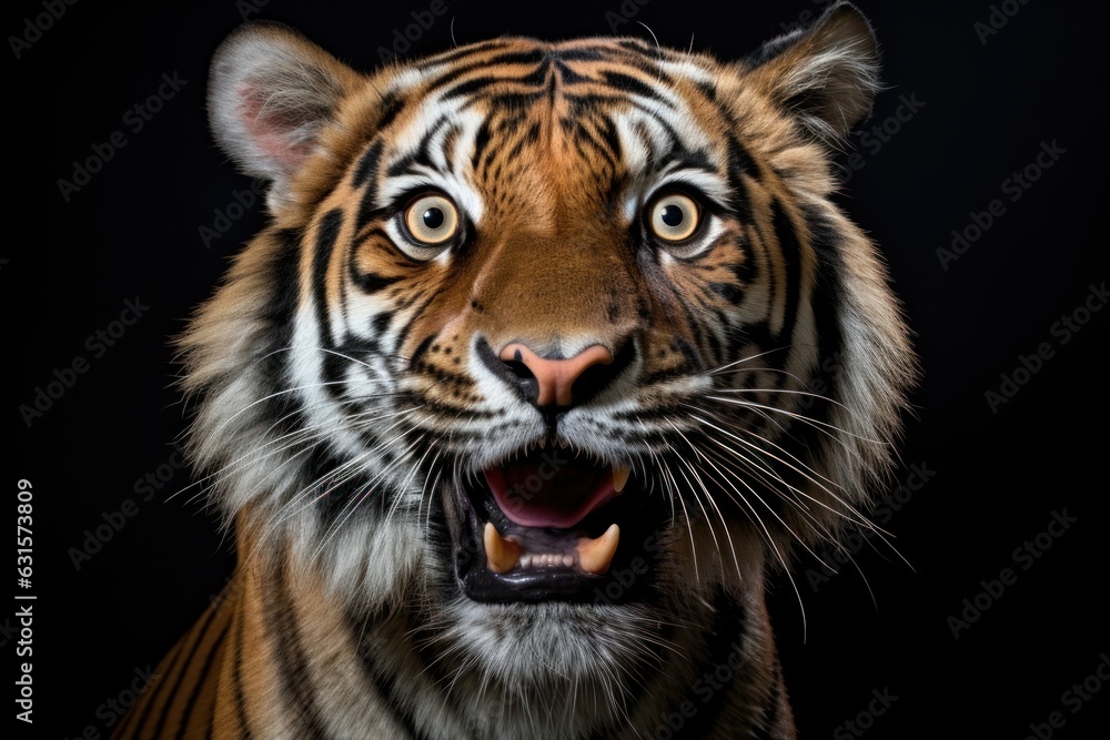 Happy surprised tiger with open mouth.