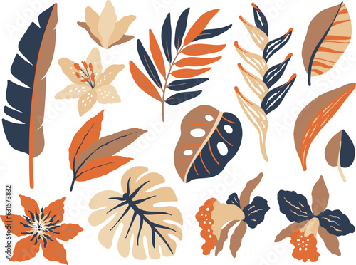Tropical leaves, lily and orchid flowers.