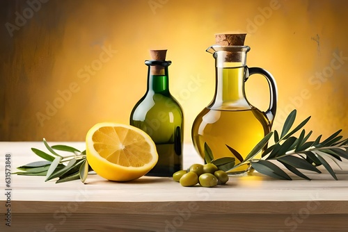 bottle of oil with olives and lemon on yellow background