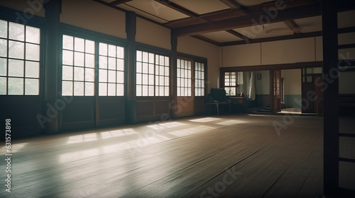 Spacious interior with windows, sport hall for martial art classes. Indoor background. photo