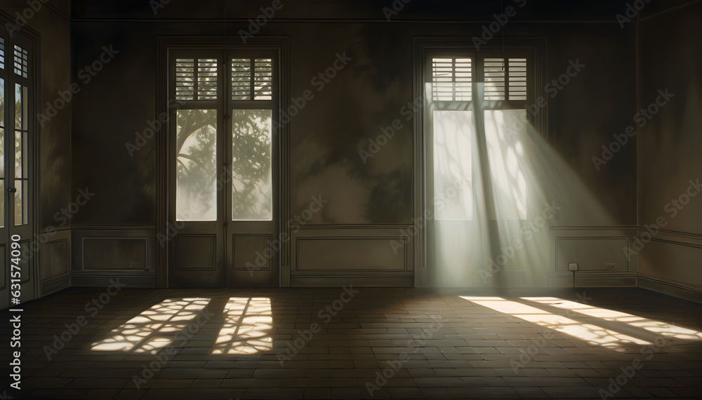 light and shade concept. room with window comfort relaxing, Sunlight Shadows that entered the room. room empty with window sunlight in room. Generated AI illustration.