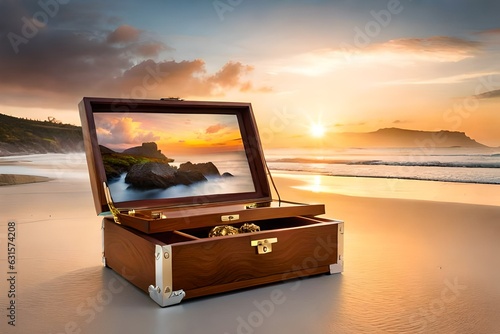 open wooden box on the beach in which jewelry present