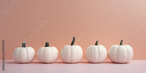 White pumpkins in a row on pastel background