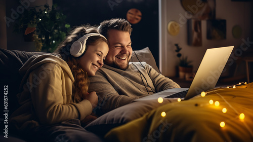 Happy couple watching a movie on the laptop at home with headphones