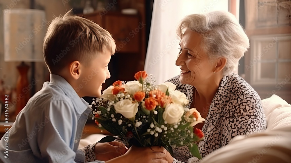 Boy wish an elder woman a happy birthday with flower, grandmother and kid