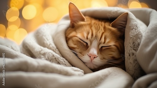 Cute ginger cat is sleeping in the warm bed.