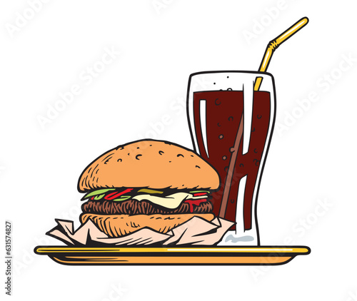 Burger and soda cup, hamburger or cheeseburger menu isolated on white background. Graphic design elements for restaurant fast food classic menu or poster. Vector illustration