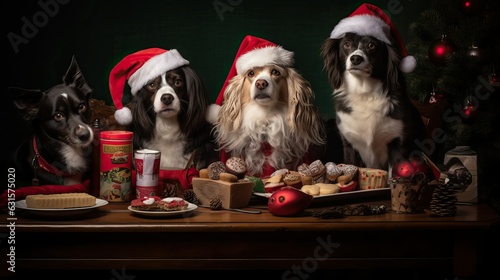 Dog wear Santa hat opening present on party table © thesweetsheep