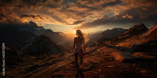 Sunset, woman silhouette on mountain, 