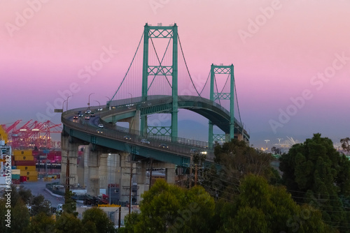 Vincent Thomas Bridge in Long Beach CA with the pier and the San Pedro shipping yard