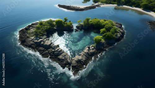 heart-shaped island in the sea made from rock, sand and trees 