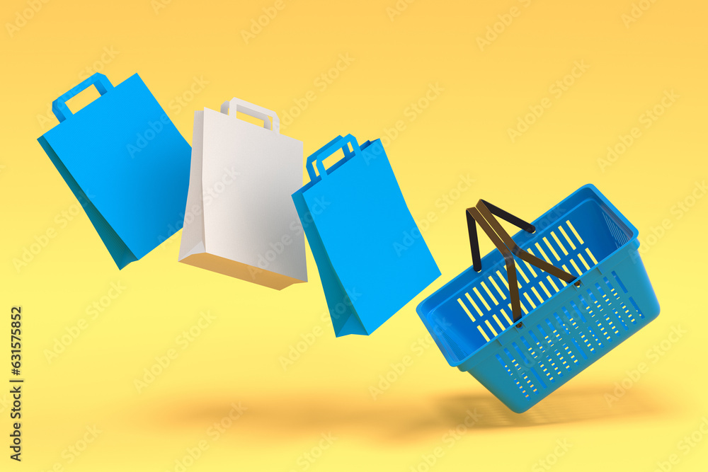 Shopping plastic basket for groceries with kraft paper bag on yellow background. Shopping plastic basket for groceries with kraft paper bag on yellow background.