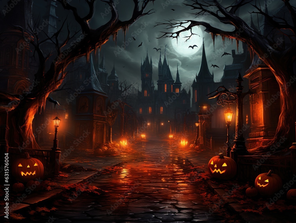 Halloween background. Jack o lantern against the backdrop of a mystical castle and a gloomy forest. Generative ai