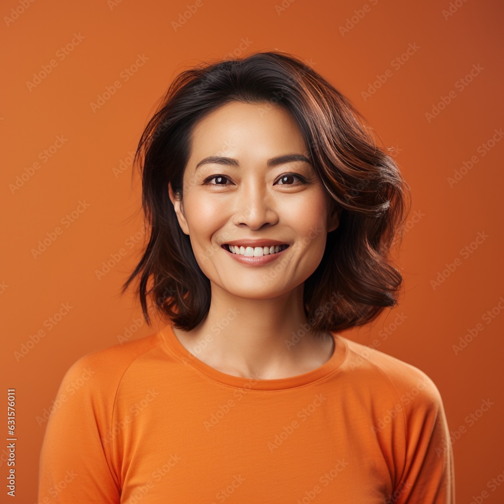 Portrait of a Middle Aged Asian Woman Headshot on a Orange Background Portrait of a Middle Aged Asian Woman Headshot on a Orange Background