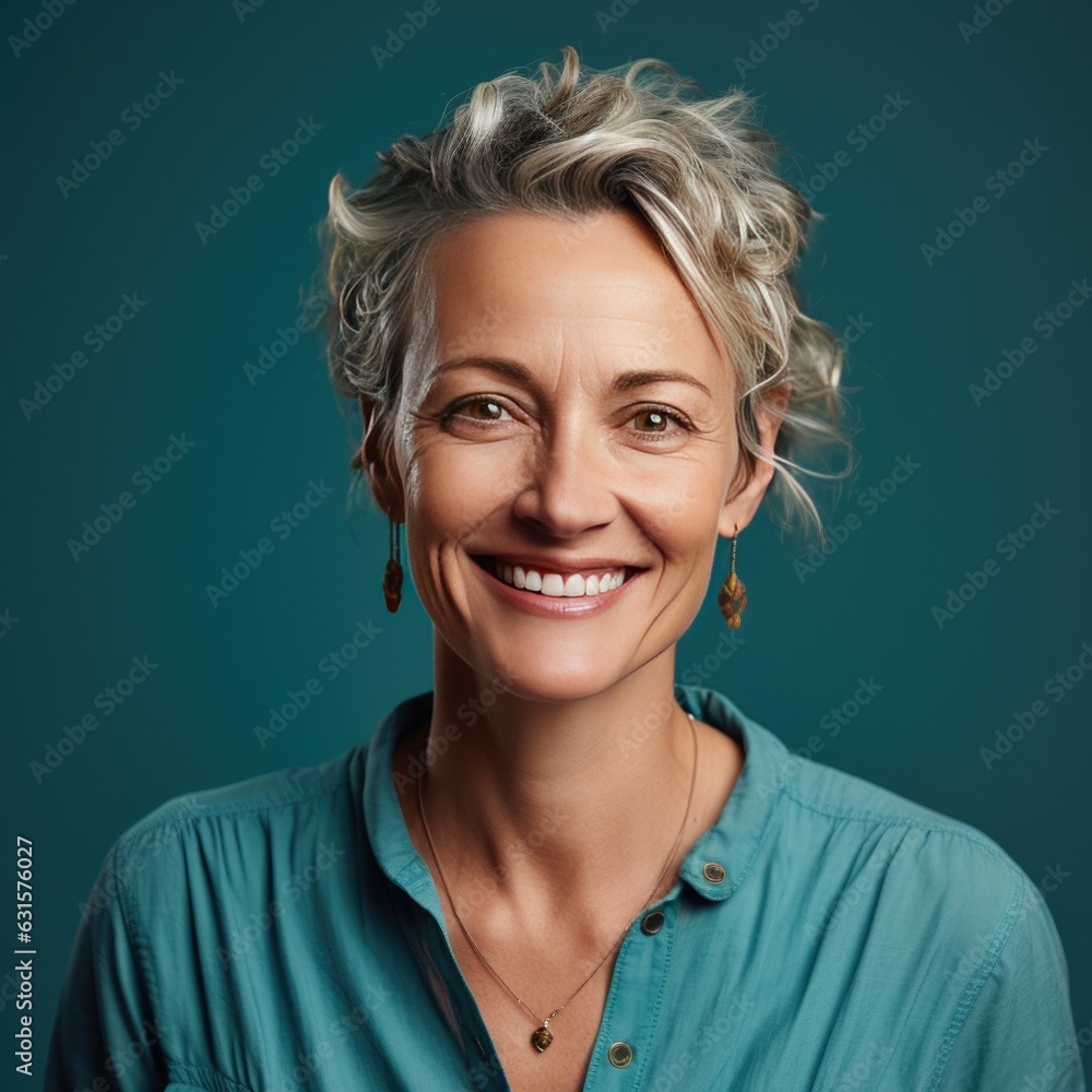 Portrait of a Middle Aged Woman Headshot on a Blue Background Portrait of a Middle Aged Woman Headshot on a Blue Background
