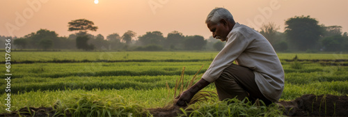 Valokuva indian farmer working in vegetable garden at sunset