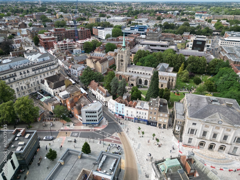 Chelmsford city  centre and Cathedral, Essex UK Aerial drone view