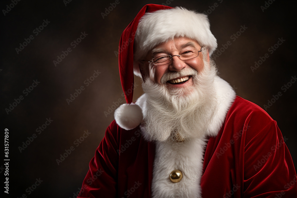 Christmas, New Year holidays concept. Happy traditional close-up Santa Claus portrait. Santa with gray beard and wearing red traditional costume with hat smiling to camera. Generative AI Christmas, New Year holidays concept. Happy traditional close-up Santa Claus portrait. Santa with gray beard and wearing red traditional costume with hat smiling to camera. Generative AI