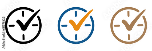 Check mark on clock vector icons. Real time protection vector signs set