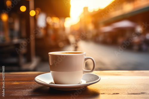 Fototapeta Naklejka Na Ścianę i Meble -  Morning coffe. White cup of coffee on table in outdoors cafe with blurred city street background