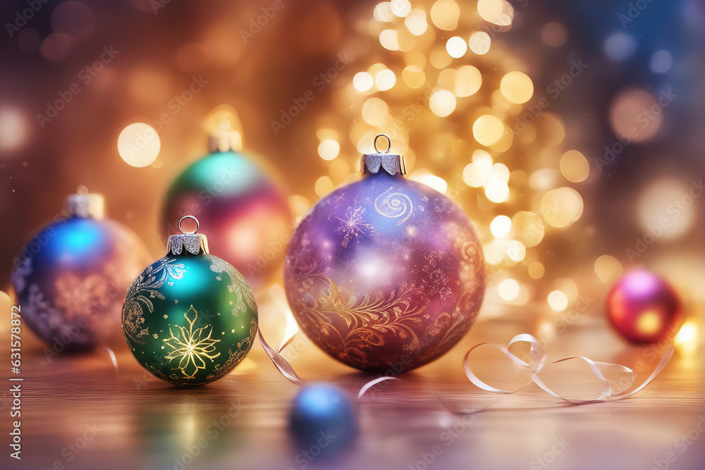 Christmas background with shiny balls, Christmas tree and blurred lights. Christmas background with shiny balls, Christmas tree and blurred lights.