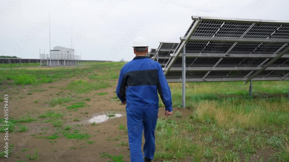Service Engineer or electrician goes by solar panels, working and solving problem for green energy solar power plant operation. Technician maintenance solar cells on Solar Energy Plant Service Engineer or electrician goes by solar panels, working and solving problem for green energy solar power plant operation. Technician maintenance solar cells on Solar Energy Plant
