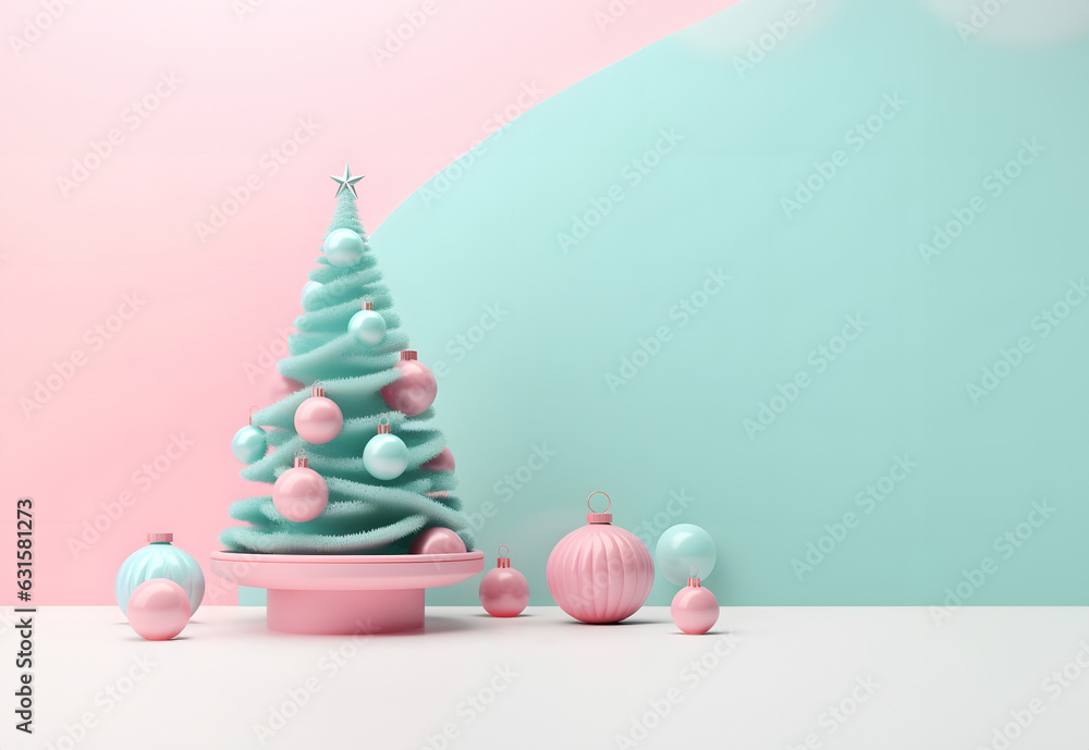 Christmas card with Christmas tree decorations, pastel pink and blue balls on bright background. Christmas card with Christmas tree decorations, pastel pink and blue balls on bright background.