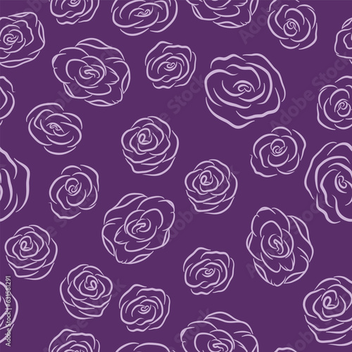 A Seamless Repeat Pattern Design of Pink Line Art Roses Scattered on a Purple Background