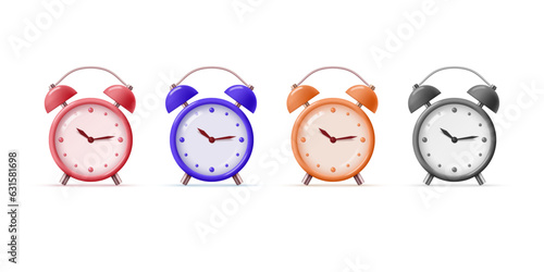 Set of colorful realistic vector 3d alarm clocks isolated on white background.