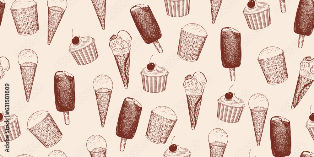 Seamless pattern with ice cream sketches. Background with ice cream in cone waffle. Bitten popsicle. Chocolate glaze sundae. Chocolate ice cream. Frozen dessert with cherry. Engraving style Seamless pattern with ice cream sketches. Background with ice cream in cone waffle. Bitten popsicle. Chocolate glaze sundae. Chocolate ice cream. Frozen dessert with cherry. Engraving style