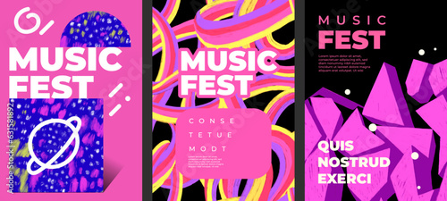 Set of modern music fest poster template with brush strokes, paint stains, geometric shape, rainbow ribbon, typography. Abstract pattern. Freehand design elements. Minimalist style placard, banner