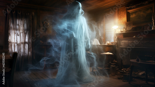Ghost in a haunted house. Halloween wallpaper or background.