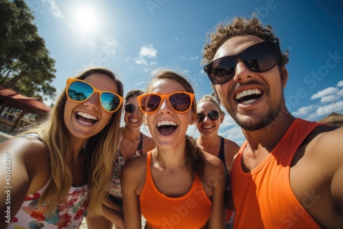 Group of friends - women and men - playing beach volleyball, one in front doing tricks to the ball