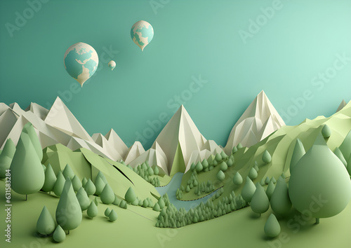 Meadows, mountains and rivers in paper cut style