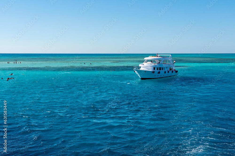 Yacht on sea vlue water, Egypt, Ras Mohammed National Park, South Sinai, White island