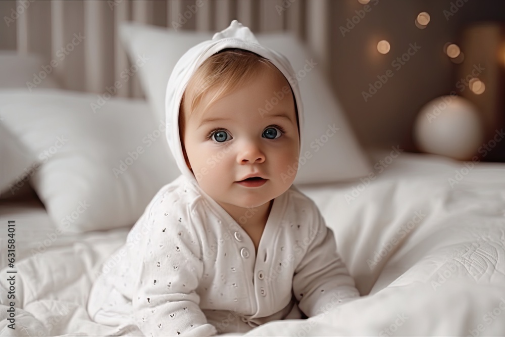 A charming smiling baby in a white sunny bedroom. A baby crawling in bed. Nursery for small children. Textiles and bed linen for children. Family morning at home. A charming smiling baby in a white sunny bedroom. A baby crawling in bed. Nursery for small children. Textiles and bed linen for children. Family morning at home.