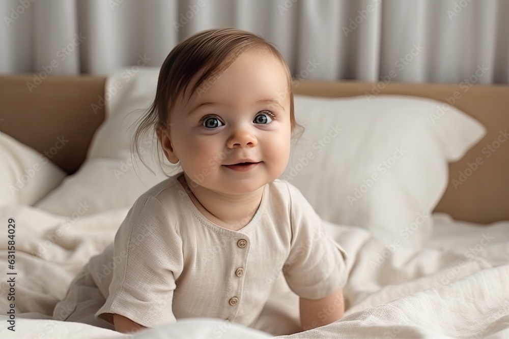 A charming smiling baby in a white sunny bedroom. A baby crawling in bed. Nursery for small children. Textiles and bed linen for children. Family morning at home. A charming smiling baby in a white sunny bedroom. A baby crawling in bed. Nursery for small children. Textiles and bed linen for children. Family morning at home.
