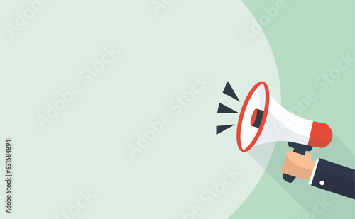 Hand businessman megaphone with copy space on green background. Advertising through speakers. Vector illustration in flat design.