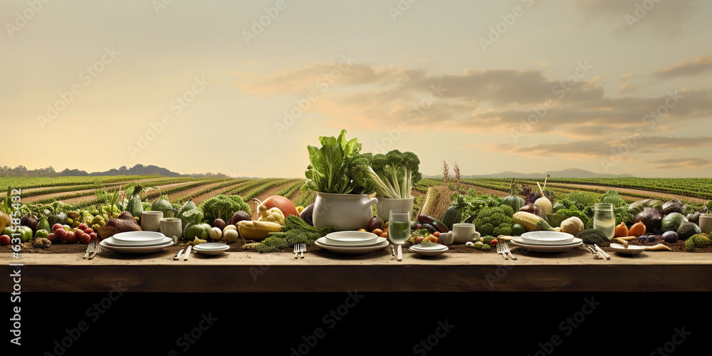 Fototapeta premium a farm field turning into a dining table, vibrant organic vegetables growing right into prepared dishes, a seamless blend from soil to table, symbolizing the farm - to - table concept