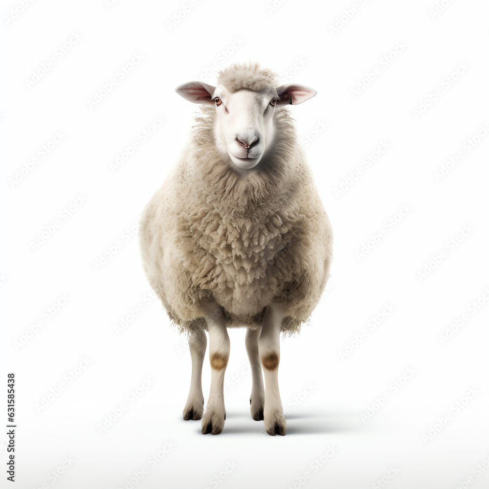 Naklejka premium Sheep standing in front of white background made with Generative AI