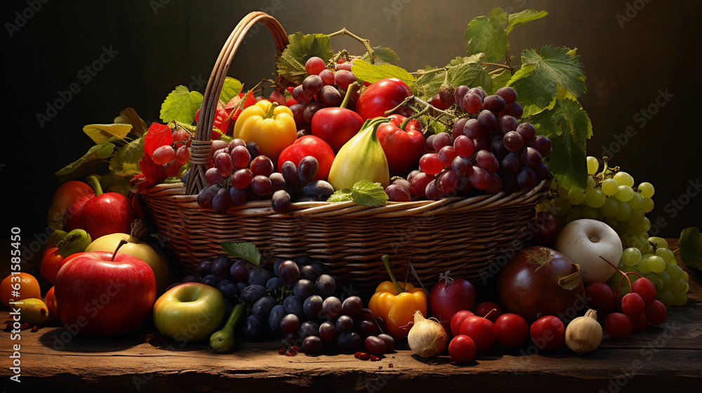 fresh, dew - kissed fruits and vegetables arranged in a rustic wooden basket, bathed in morning light, rich color contrasts