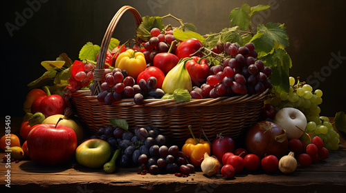 fresh  dew - kissed fruits and vegetables arranged in a rustic wooden basket  bathed in morning light  rich color contrasts