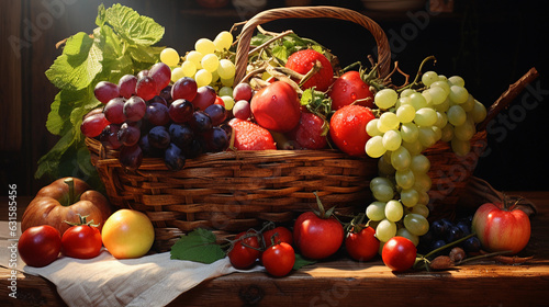 fresh  dew - kissed fruits and vegetables arranged in a rustic wooden basket  bathed in morning light  rich color contrasts