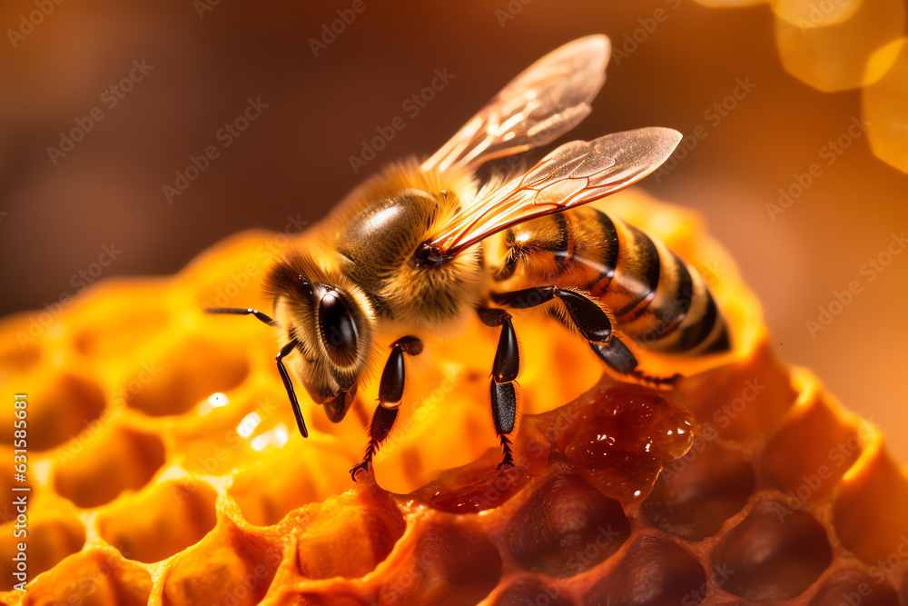 Working bees on honeycombs made with Generative AI - obrazy, fototapety, plakaty 
