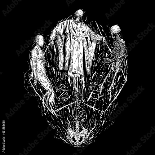 death metal illustration of three people floating. dark art style, horror illustration