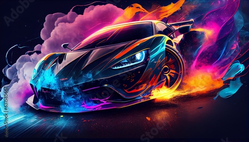 the sports car on the road. Captures the excitement and energy of a car with a fast shutter speed  using bold and vibrant colors. Generative in ai